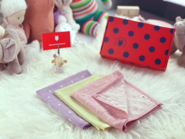 Pokka Kids 100 % GOTS certified organic cotton baby hanky gift set in pink, lime, purple colors are good for eczema