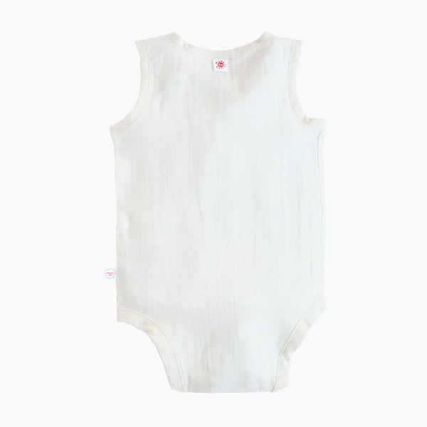 Sleeveless easy to wear dye free GOTS Certified organic cotton baby bodysuit designed for eczema