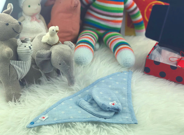 Blue 100 % GOTS certified organic cotton bandana bib and mittens baby gift set made in USA