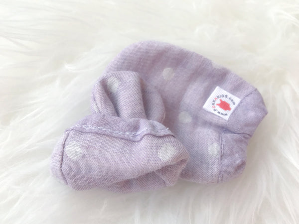 Reversible GOTS Certified organic cotton baby mittens in purple color made for eczema in USA