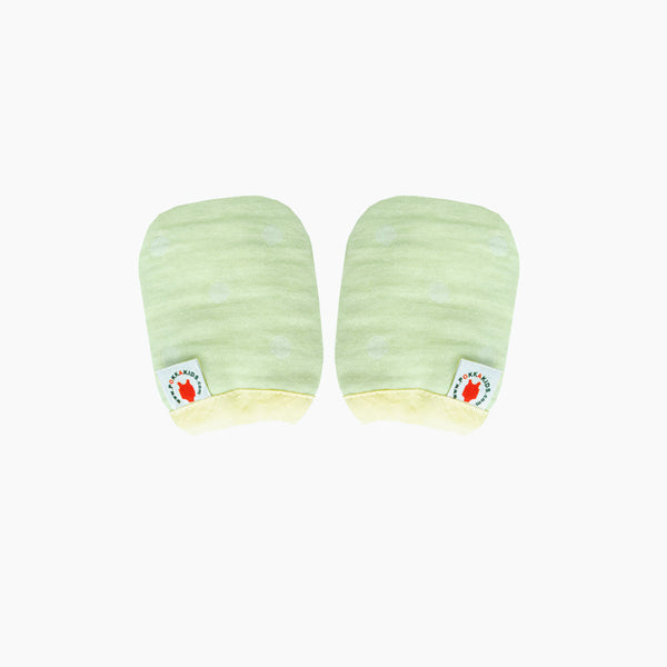 Reversible GOTS Certified organic cotton baby mittens in lime color made for eczema in USA