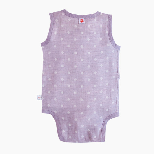 Back view of Pokka Kids purple GOTS Certified organic cotton baby bodysuit handmade for baby eczema