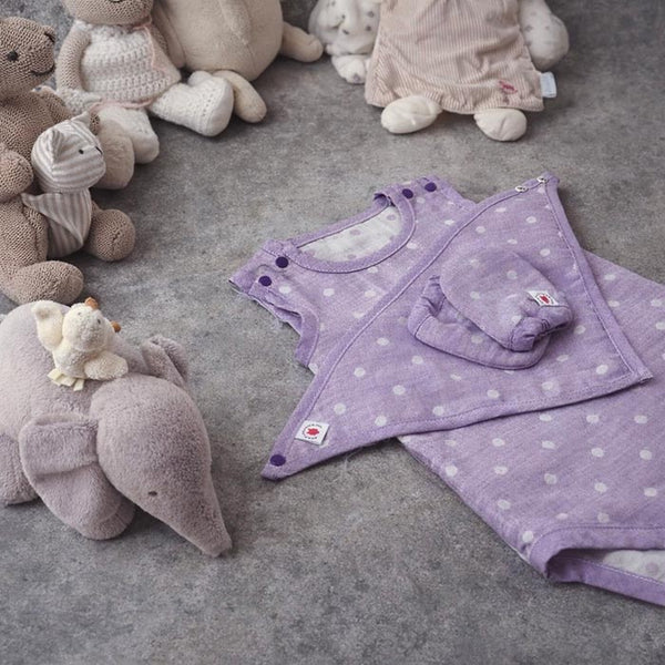 Pokka Kids purple GOTS organic cotton luxury newborn baby shower gift of organic onesie, bandana bib, stay-on mittens for eczema prone skin