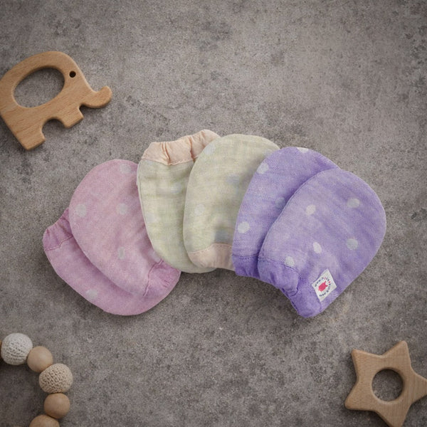 Pokka Kids GOTS certified organic cotton reversible mittens in pink, purple, lime green