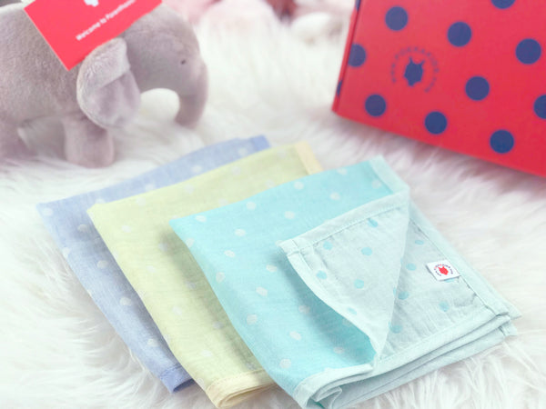 Pokka Kids 100 % GOTS certified organic cotton baby hanky gift set in blue, lime, mint colors are good for eczema
