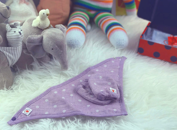 Purple 100 % GOTS certified organic cotton bandana bib and mittens baby gift set made in USA