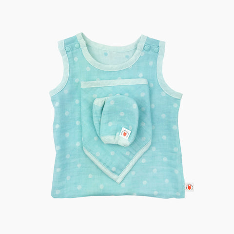 GOTS certified organic cotton baby gift includes bodysuit, bandana bib, and mittens for eczema in mint color