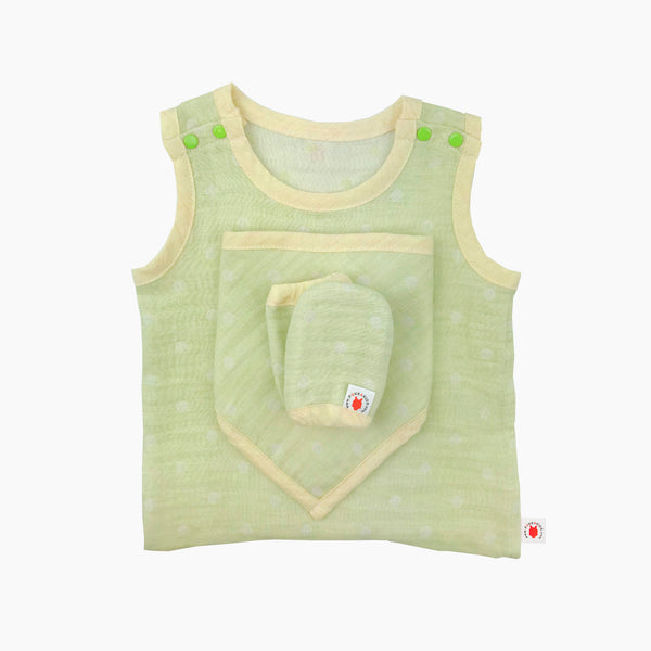 GOTS certified organic cotton baby gift includes bodysuit, bandana bib, and mittens for eczema in lime color