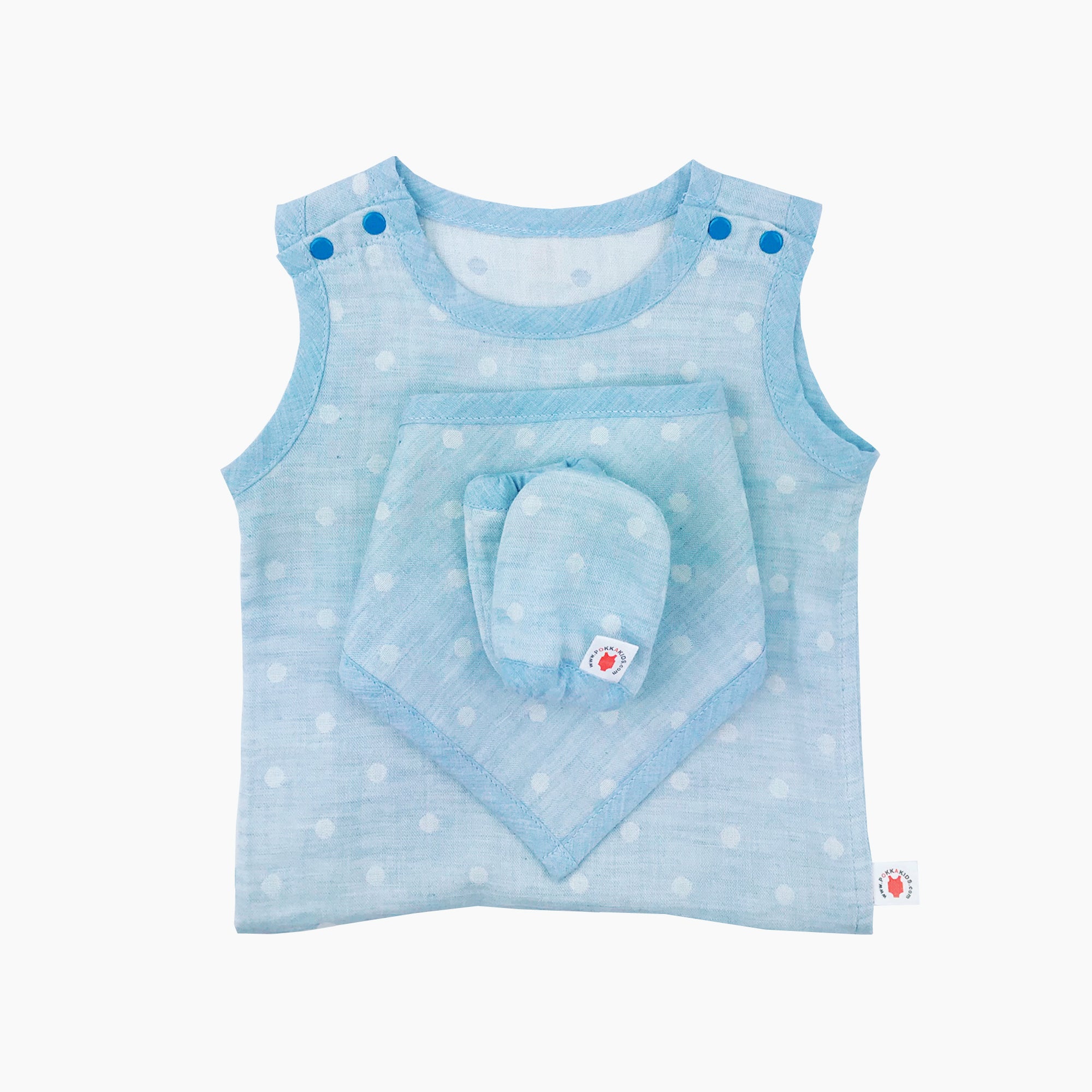 GOTS certified organic cotton baby gift includes bodysuit, bandana bib, and mittens for eczema in blue color