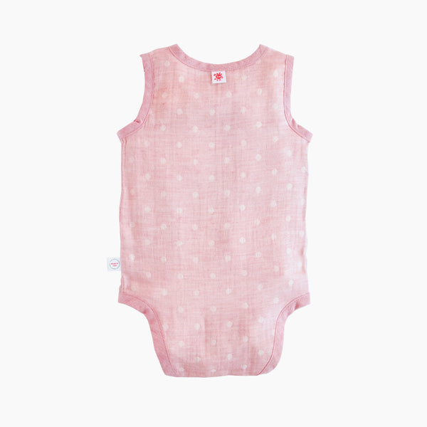 Sleeveless easy to wear Pink GOTS Certified organic cotton baby bodysuit designed for eczema