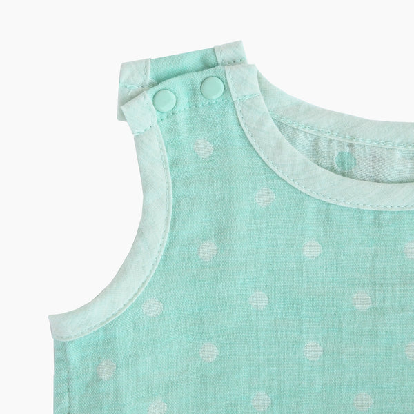 Sleeveless easy to wear mint color GOTS Certified organic cotton baby bodysuit designed for eczema