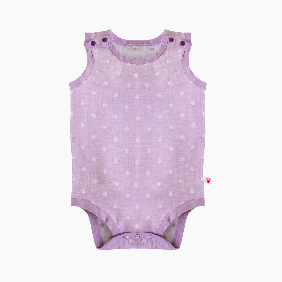 Sleeveless easy to wear Purple GOTS Certified organic cotton baby bodysuit designed for eczema