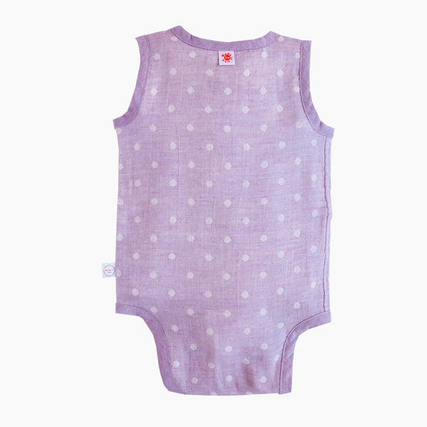 Sleeveless easy to wear Purple GOTS Certified organic cotton baby bodysuit designed for eczema
