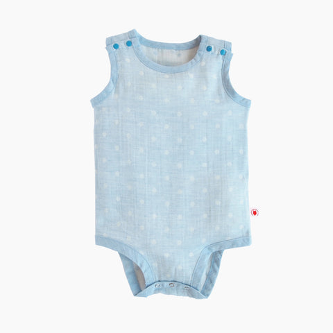 Sleeveless easy to wear blue color GOTS Certified organic cotton baby bodysuit designed for eczema
