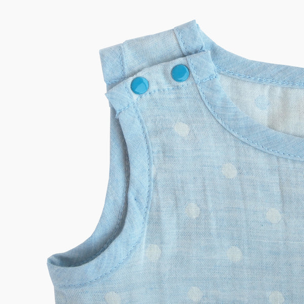Sleeveless easy to wear blue color GOTS Certified organic cotton baby bodysuit designed for eczema