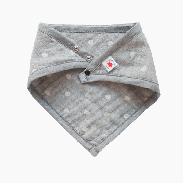 GOTS Certified organic cotton polka dot bandana bib with adjustable snaps in charcoal gray good for baby eczema in large size