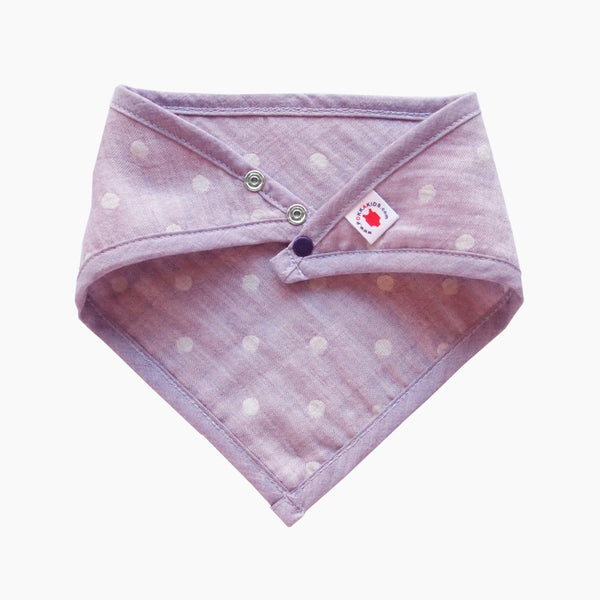 GOTS Certified organic cotton polka dot bandana bib with adjustable snaps in purple good for baby eczema in large size