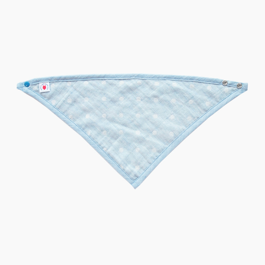 GOTS Certified organic cotton polka dot bandana bib with adjustable snaps in blue good for baby eczema in large size