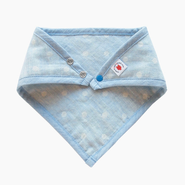 GOTS Certified organic cotton polka dot bandana bib with adjustable snaps in blue good for baby eczema in large size