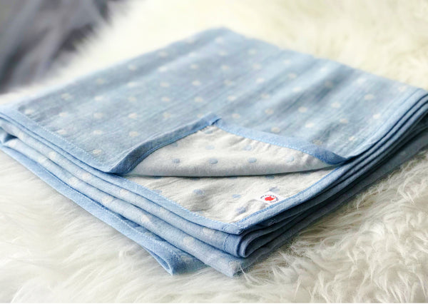Folded blue polka dot GOTS certified organic cotton blanket for use as a stroller cover, or nursing cover