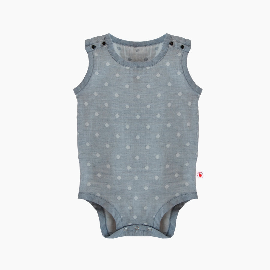 Extra large GOTS Certified organic cotton polka dot sleeveless bodysuit in gray color good for baby eczema