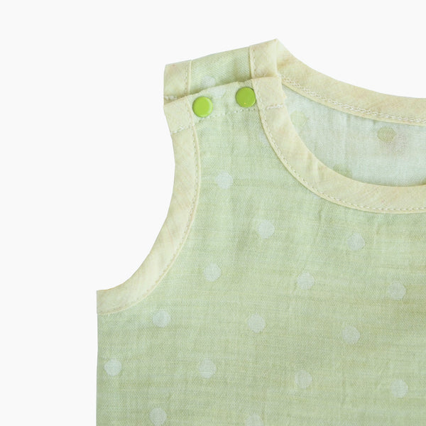 Sleeveless easy to wear lime GOTS Certified organic cotton baby bodysuit designed for eczema