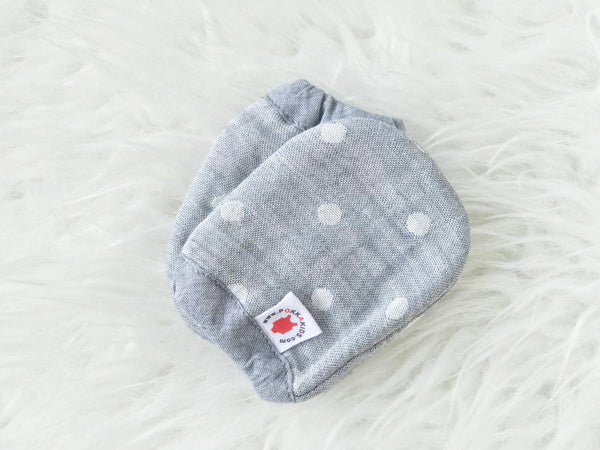 Reversible GOTS Certified organic cotton baby mittens in gray color made for eczema in USA