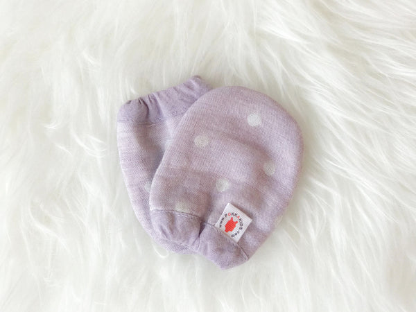 Reversible GOTS Certified organic cotton baby mittens in purple color made for eczema in USA