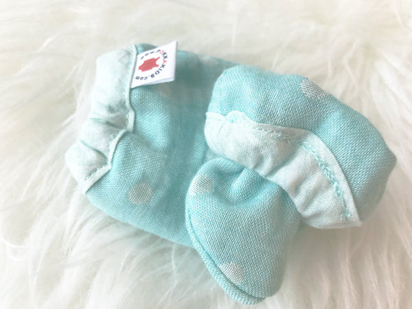 Reversible GOTS Certified organic cotton baby mittens in mint color made for eczema in USA