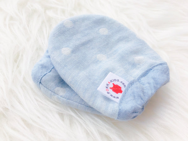 Reversible GOTS Certified organic cotton baby mittens in blue made for eczema in USA