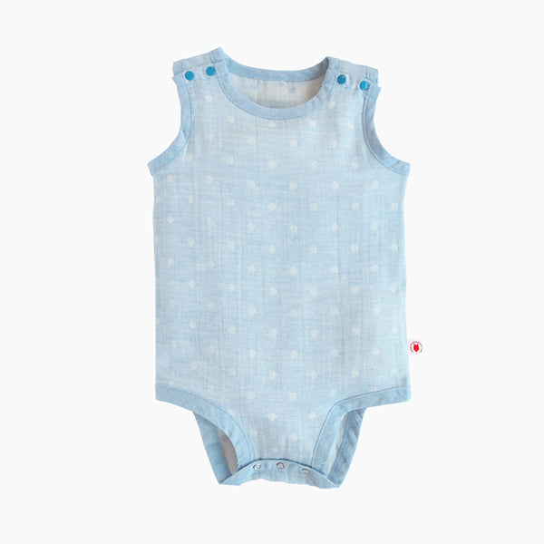 Full open baby blue GOTS Certified organic cotton baby bodysuit handmade for eczema prone skin
