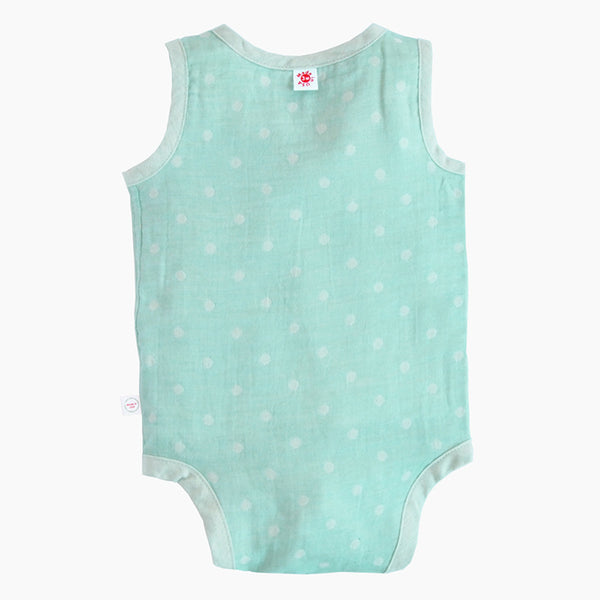 Back view of Pokka Kids mint GOTS Certified organic cotton baby bodysuit handmade for baby eczema