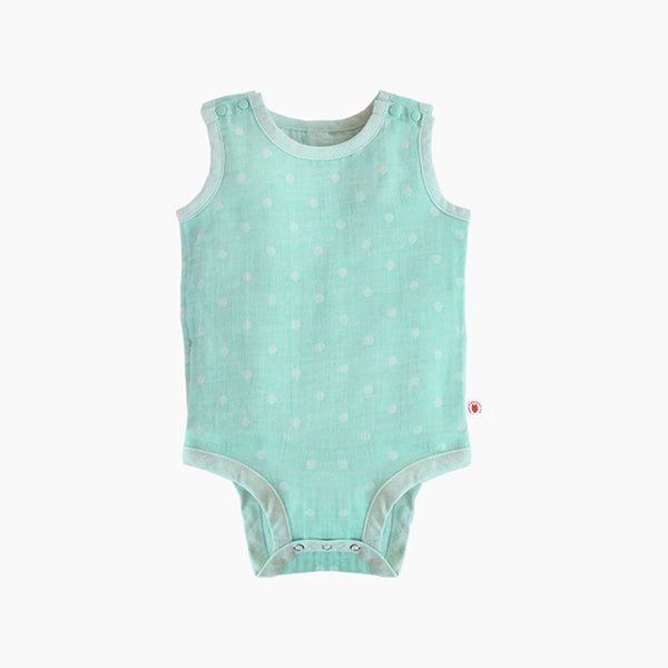 Back view of Pokka Kids mint GOTS Certified organic cotton baby bodysuit handmade for baby eczema
